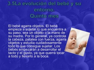 El bebé agarra objetos. El bebé
empieza a sujetar lo que encuentra a
su paso, sea un objeto o la mano de
su madre. Por lo general, ya controla
la cabeza, patalea con fuerza, agarra
objetos y estudia cuidadosamente
todo lo que consigue sujetar. Los
bebés empezarán a desarrollar el
tacto y el gusto, ya que querrá tocar
a todo y llevarlo a la boca.
 