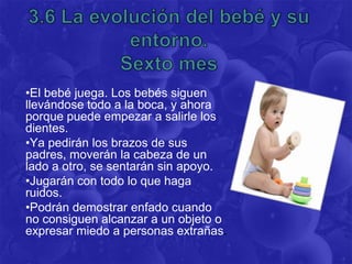 •El bebé juega. Los bebés siguen
llevándose todo a la boca, y ahora
porque puede empezar a salirle los
dientes.
•Ya pedirán los brazos de sus
padres, moverán la cabeza de un
lado a otro, se sentarán sin apoyo.
•Jugarán con todo lo que haga
ruidos.
•Podrán demostrar enfado cuando
no consiguen alcanzar a un objeto o
expresar miedo a personas extrañas.
 