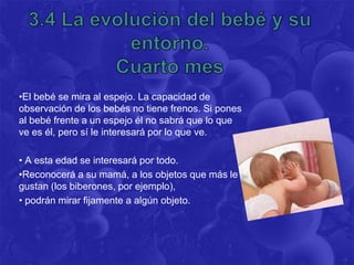 •El bebé se mira al espejo. La capacidad de
observación de los bebés no tiene frenos. Si pones
al bebé frente a un espejo él no sabrá que lo que
ve es él, pero sí le interesará por lo que ve.

• A esta edad se interesará por todo.
•Reconocerá a su mamá, a los objetos que más le
gustan (los biberones, por ejemplo),
• podrán mirar fijamente a algún objeto.
 