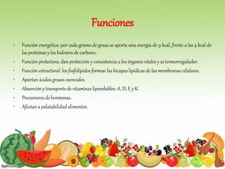 Funciones
• Función energética: por cada gramo de grasa se aporta una energía de 9 kcal, frente a las 4 kcal de
las proteínas y los hidratos de carbono.
• Función protectora: dan protección y consistencia a los órganos vitales y es termorregulador.
• Función estructural: los fosfolípidos forman las bicapas lipídicas de las membranas celulares.
• Aportan ácidos grasos esenciales.
• Absorción y transporte de vitaminas liposolubles: A, D, E y K.
• Precursores de hormonas.
• Afectan a palatabilidad alimentos.
 
