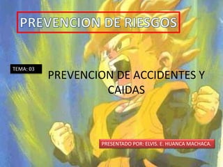 TEMA: 03
PREVENCION DE ACCIDENTES Y
CAIDAS
PRESENTADO POR: ELVIS. E. HUANCA MACHACA.
 