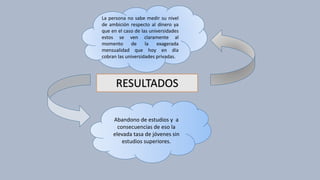 RESULTADOS
La persona no sabe medir su nivel
de ambición respecto al dinero ya
que en el caso de las universidades
estos se ven claramente al
momento de la exagerada
mensualidad que hoy en día
cobran las universidades privadas.
Abandono de estudios y a
consecuencias de eso la
elevada tasa de jóvenes sin
estudios superiores.
 