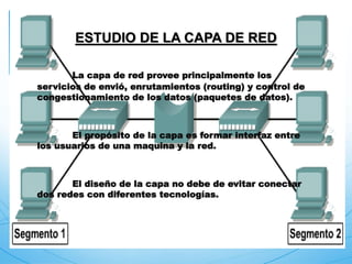 La capa de red provee principalmente los
servicios de envió, enrutamientos (routing) y control de
congestionamiento de los datos (paquetes de datos).
El propósito de la capa es formar interfaz entre
los usuarios de una maquina y la red.
El diseño de la capa no debe de evitar conectar
dos redes con diferentes tecnologías.
ESTUDIO DE LA CAPA DE RED
 