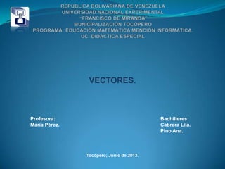 VECTORES.
Profesora:
María Pérez.
Bachilleres:
Cabrera Lila.
Pino Ana.
Tocópero; Junio de 2013.
 