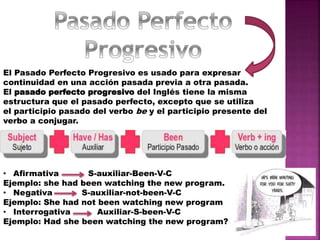 • Afirmativa S-auxiliar-Been-V-C
Ejemplo: she had been watching the new program.
• Negativa S-auxiliar-not-been-V-C
Ejemplo: She had not been watching new program
• Interrogativa Auxiliar-S-been-V-C
Ejemplo: Had she been watching the new program?
El Pasado Perfecto Progresivo es usado para expresar
continuidad en una acción pasada previa a otra pasada.
El pasado perfecto progresivo del Inglés tiene la misma
estructura que el pasado perfecto, excepto que se utiliza
el participio pasado del verbo be y el participio presente del
verbo a conjugar.
 