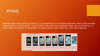 IPHONE
podemos tomar como ejemplo al iPhone 5, si lo comparamos con los iPhone anteriores, este ha sido mejorado
notablemente en varios aspectos como la batería (que tiene una durabilidad mayor que las anteriores) , un
mejor diseño (la pantalla es mas grande), la cámara (posee mejor resolución), entre otros aspectos.
 