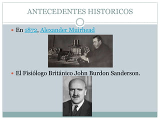 ANTECEDENTES HISTORICOSEn 1872, Alexander MuirheadEl Fisiólogo Británico John BurdonSanderson.