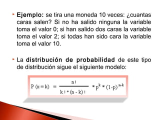 

Ejemplo: se tira una moneda 10 veces: ¿cuantas
caras salen? Si no ha salido ninguna la variable
toma el valor 0; si han salido dos caras la variable
toma el valor 2; si todas han sido cara la variable
toma el valor 10.



La distribución de probabilidad de este tipo
de distribución sigue el siguiente modelo:

 