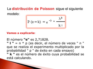 La distribución de Poisson sigue el siguiente
modelo:

Vamos a explicarla:

El número "e" es 2,71828.
" l " = n * p (es decir, el número de veces " n "
que se realiza el experimento multiplicado por la
probabilidad " p " de éxito en cada ensayo)
" k " es el número de éxito cuya probabilidad se
está calculando.

 