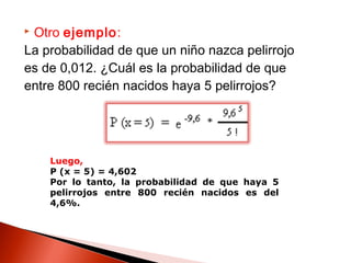 Otro ejemplo:
La probabilidad de que un niño nazca pelirrojo
es de 0,012. ¿Cuál es la probabilidad de que
entre 800 recién nacidos haya 5 pelirrojos?


Luego,
P (x = 5) = 4,602
Por lo tanto, la probabilidad de que haya 5
pelirrojos entre 800 recién nacidos es del
4,6%.

 