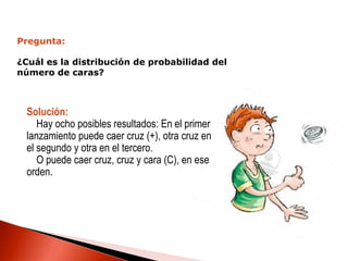 Pregunta:
¿Cuál es la distribución de probabilidad del
número de caras?

Solución:
Hay ocho posibles resultados: En el primer
lanzamiento puede caer cruz (+), otra cruz en
el segundo y otra en el tercero.
O puede caer cruz, cruz y cara (C), en ese
orden.

 
