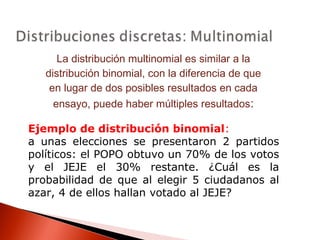 La distribución multinomial es similar a la
distribución binomial, con la diferencia de que
en lugar de dos posibles resultados en cada
ensayo, puede haber múltiples resultados:
Ejemplo de distribución binomial:
a unas elecciones se presentaron 2 partidos
políticos: el POPO obtuvo un 70% de los votos
y el JEJE el 30% restante. ¿Cuál es la
probabilidad de que al elegir 5 ciudadanos al
azar, 4 de ellos hallan votado al JEJE?

 
