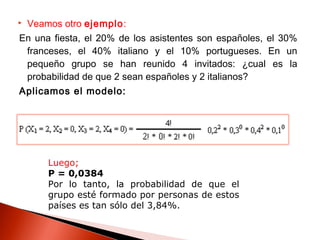 

Veamos otro ejemplo:

En una fiesta, el 20% de los asistentes son españoles, el 30%
franceses, el 40% italiano y el 10% portugueses. En un
pequeño grupo se han reunido 4 invitados: ¿cual es la
probabilidad de que 2 sean españoles y 2 italianos?
Aplicamos el modelo:

Luego;
P = 0,0384
Por lo tanto, la probabilidad de que el
grupo esté formado por personas de estos
países es tan sólo del 3,84%.

 