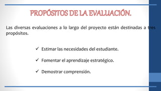 Las diversas evaluaciones a lo largo del proyecto están destinadas a tres
propósitos.
 Estimar las necesidades del estudiante.
 Fomentar el aprendizaje estratégico.
 Demostrar comprensión.
 