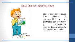 Las evaluaciones sirven
para evaluar la
comprensión y las
destrezas del estudiante
y proporcionan
realimentación respecto
a la calidad del trabajo.
 