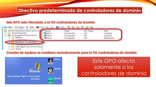 Directiva predeterminada de controladores de dominio
Este GPO afecta
solamente a los
controladores de dominio
 