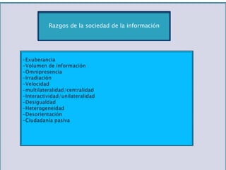 Razgos de la sociedad de la información-Exuberancia-Volumen de información-Omnipresencia-Irradiación-Velocidad-multilateralidad/centralidad-Interactividad/unilateralidad-Desigualdad-Heterogeneidad-Desorientación-Ciudadanía pasiva