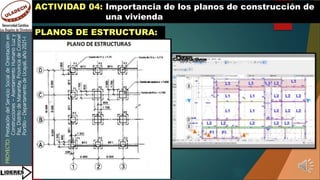 PROYECTO:
Prestación
del
Servicio
Social
de
Orientación
en
Construcciones
–
Asentamiento
Humano
Luz
y
Paz,
Distrito
de
Manantay,
Provincia
de
Coronel
Portillo
–
Departamento
de
Ucayali,
año
2021-I
ACTIVIDAD 04: Importancia de los planos de construcción de
una vivienda
PLANOS DE ESTRUCTURA:
 