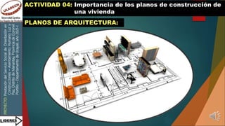 PROYECTO:
Prestación
del
Servicio
Social
de
Orientación
en
Construcciones
–
Asentamiento
Humano
Luz
y
Paz,
Distrito
de
Manantay,
Provincia
de
Coronel
Portillo
–
Departamento
de
Ucayali,
año
2021-I
ACTIVIDAD 04: Importancia de los planos de construcción de
una vivienda
PLANOS DE ARQUITECTURA:
 