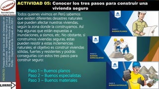 PROYECTO:
Prestación
del
Servicio
Social
de
Orientación
en
Construcciones
–
Asentamiento
Humano
Luz
y
Paz,
Distrito
de
Manantay,
Provincia
de
Coronel
Portillo
–
Departamento
de
Ucayali,
año
2021-I
ACTIVIDAD 05: Conocer los tres pasos para construir una
vivienda seguro
Paso 1 – Buenos planos
Paso 2 – Buenos especialistas
Paso 3 – Buenos materiales
Todos quienes vivimos en Perú sabemos
que existen diferentes desastres naturales
que pueden afectar nuestras viviendas,
según la zona donde la construyamos. Así
hay algunas que están expuestas a
inundaciones, a sismos, etc. No obstante, si
construimos viviendas seguras, estas
pueden resistir a estas inclemencias
naturales; el objetivo es construir viviendas
sólidas, fuertes y resistentes y podrás
conseguirlas con estos tres pasos para
construir seguro:
 