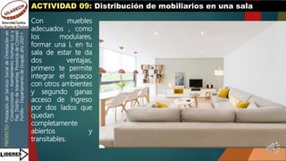 PROYECTO:
Prestación
del
Servicio
Social
de
Orientación
en
Construcciones
–
Asentamiento
Humano
Luz
y
Paz,
Distrito
de
Manantay,
Provincia
de
Coronel
Portillo
–
Departamento
de
Ucayali,
año
2021-I
ACTIVIDAD 09: Distribución de mobiliarios en una sala
Con muebles
adecuados , como
los modulares,
formar una L en tu
sala de estar te da
dos ventajas,
primero te permite
integrar el espacio
con otros ambientes
y segundo ganas
acceso de ingreso
por dos lados que
quedan
completamente
abiertos y
transitables.
 