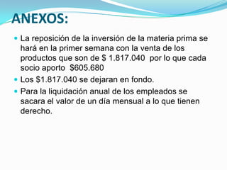 ANEXOS:
 La reposición de la inversión de la materia prima se
  hará en la primer semana con la venta de los
  productos que son de $ 1.817.040 por lo que cada
  socio aporto $605.680
 Los $1.817.040 se dejaran en fondo.
 Para la liquidación anual de los empleados se
  sacara el valor de un día mensual a lo que tienen
  derecho.
 