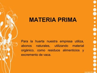MATERIA PRIMA

Para la huerta nuestra empresa utiliza,
abonos naturales, utilizando material
orgánico, como residuos alimenticios y
excremento de vaca.

 