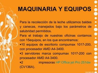 MAQUINARIA Y EQUIPOS
Para la recolección de la leche utilizamos baldes
y canecas, manejados bajo los parámetros de
salubridad permitidos.
Para el trabajo de nuestras oficinas contamos
con 15equipos, en los que encontramos:
•10 equipos de escritorio compumax 1017-200,
con procesador AMD A4-3400.
•3 servidores marca compumax 1017-200 con
procesador AMD A4-3400.
•2
impresoras HP Office jet Pro 251dw
(CV136A).

 