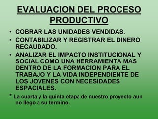 EVALUACION DEL PROCESO
        PRODUCTIVO
• COBRAR LAS UNIDADES VENDIDAS.
• CONTABILIZAR Y REGISTRAR EL DINERO
   RECAUDADO.
• ANALIZAR EL IMPACTO INSTITUCIONAL Y
   SOCIAL COMO UNA HERRAMIENTA MAS
   DENTRO DE LA FORMACION PARA EL
   TRABAJO Y LA VIDA INDEPENDIENTE DE
   LOS JOVENES CON NECESIDADES
   ESPACIALES.
* La cuarta y la quinta etapa de nuestro proyecto aun
  no llego a su termino.
 