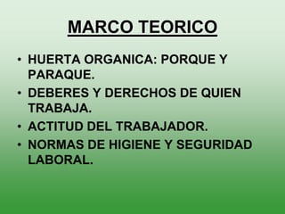 MARCO TEORICO
• HUERTA ORGANICA: PORQUE Y
  PARAQUE.
• DEBERES Y DERECHOS DE QUIEN
  TRABAJA.
• ACTITUD DEL TRABAJADOR.
• NORMAS DE HIGIENE Y SEGURIDAD
  LABORAL.
 