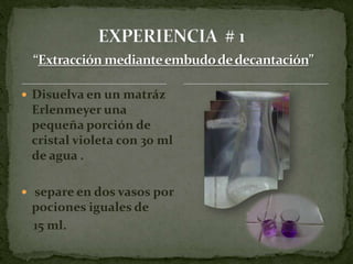 Experiencia  # 1“extracción mediante embudo de decantación”Disuelva en un matráz Erlenmeyer una pequeña porción de cristal violeta con 30 ml de agua .