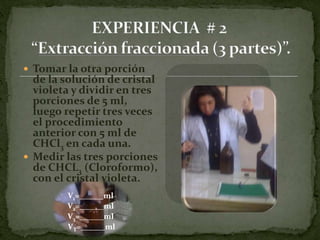 (Extracción de un sólo paso)A continuación colocar el embudo en un soporte universal.    Observará luego de un instante la formación de dos fases las cuales se deben separar e identificar cuál de las partes es agua y cuál es el cloroformo CHCl3 con cristal violeta, esta última debe ser medida para su posterior comparación. 