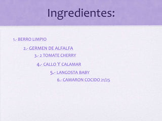 Ingredientes:
1.- BERRO LIMPIO
2.- GERMEN DE ALFALFA
3.- 2 TOMATE CHERRY
4.- CALLO Y CALAMAR
5.- LANGOSTA BABY
6.- CAMARON...