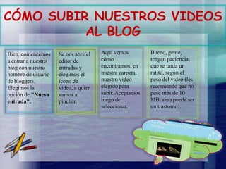 CÓMO SUBIR NUESTROS VIDEOS
AL BLOG
Bien, comencemos
a entrar a nuestro
blog con nuestro
nombre de usuario
de bloggers.
Elegimos la
opción de "Nueva
entrada".

Se nos abre el
editor de
entradas y
elegimos el
ícono de
video, a quien
vamos a
pinchar.

Aquí vemos
cómo
encontramos, en
nuestra carpeta,
nuestro video
elegido para
subir. Aceptamos
luego de
seleccionar.

Bueno, gente,
tengan paciencia,
que se tarda un
ratito, según el
peso del video (les
recomiendo que no
pese más de 10
MB, sino puede ser
un trastorno).

 