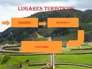 LUGARES TURISTICOS
Narrio ingapirca
COJITAMBO
Menú
 