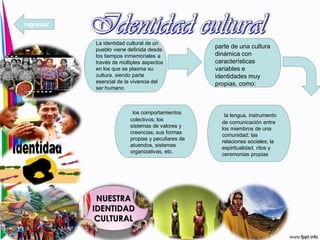 La identidad cultural de un
pueblo viene definida desde
los tiempos inmemoriales a
través de múltiples aspectos
en los que se plasma su
cultura, siendo parte
esencial de la vivencia del
ser humano
parte de una cultura
dinámica con
características
variables e
identidades muy
propias, como:
la lengua, instrumento
de comunicación entre
los miembros de una
comunidad; las
relaciones sociales; la
espiritualidad, ritos y
ceremonias propias
los comportamientos
colectivos; los
sistemas de valores y
creencias; sus formas
propias y peculiares de
atuendos, sistemas
organizativas, etc.
regresar
 