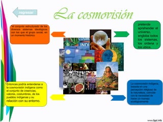 "el conjunto estructurado de los
diversos sistemas ideológicos
con los que el grupo social, en
un momento histórico
pretende
aprehender el
universo,
engloba todos
los sistemas,
los ordena y
los ubica.
La cosmovisión indígena,
basada en una
percepción religiosa de
la naturaleza, coincide
con la necesidad de
hacer un manejo
ecológicamente
Entonces podría entenderse a
la cosmovisión indígena como
el conjunto de creencias,
valores, costumbres, de los
pueblos indígenas y su
relación con su entorno.
regresar
 