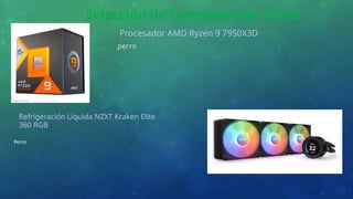 Selección de Componentes Clave
Procesador AMD Ryzen 9 7950X3D
perro
Refrigeración Líquida NZXT Kraken Elite
360 RGB
Perro
 