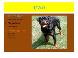 It/Was
• Affirmative
• It was the dog of ricardo
• Negative
• It was not a cat
• interrogative
• Was it dirty?
• Yes, it was
• No, it was not
 