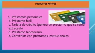 a. Préstamos personales.
b. Préstamo fácil.
c. Tarjeta de crédito (genera un préstamo que se llama
extracash).
d. Préstamo hipotecario.
e. Convenios con préstamos institucionales.
PRODUCTOS ACTIVOS
 