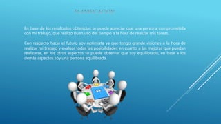 En base de los resultados obtenidos se puede apreciar que una persona comprometida
con mi trabajo, que realizo buen uso del tiempo a la hora de realizar mis tareas.
Con respecto hacia el futuro soy optimista ya que tengo grande visiones a la hora de
realizar mi trabajo y evaluar todas las posibilidades en cuanto a las mejoras que puedan
realizarse, en los otros aspectos se puede observar que soy equilibrado, en base a los
demás aspectos soy una persona equilibrada.
 