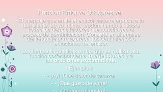 Funcion Emotiva O Expresiva
• El mensaje que emite el emisor hace referencia a lo

que siente, su yo íntimo, predominando él, sobre
todos los demás factores que constituyen el
proceso de comunicación. Consiste en el empleo
del lenguaje para expresar los sentimientos o
emociones del emisor.
• Las formas lingüísticas en las que se realiza esta
función corresponden a interjecciones y a
las oraciones exclamativas.
• Ejemplos:
• - ¡Ay! ¡Qué dolor de cabeza!
• - ¡Qué gusto de verte!

 