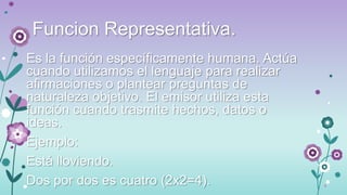 Funcion Representativa.
Es la función específicamente humana. Actúa
cuando utilizamos el lenguaje para realizar
afirmaciones o plantear preguntas de
naturaleza objetivo. El emisor utiliza esta
función cuando trasmite hechos, datos o
ideas.
Ejemplo:
Está lloviendo.
Dos por dos es cuatro (2x2=4).

 