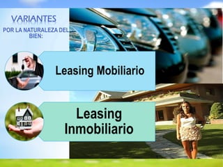 Leasing Mobiliario
Leasing
Inmobiliario
POR LA NATURALEZA DEL
BIEN:
VARIANTES
 