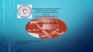 UNIVERSIDAD BICENTENARIA DE ARAGUA
VICERRECTORADO ACADÉMICO
FACULTAD DE CIENCIAS JURÍDICASY
POLÍTICAS
ESCUELA DE DERECHO MARACAY
PROYECTO DE VIDA
ÉTICA Y CULTURA UNIVERSITARIA
FACILITADOR: CARINA FERNANDEZ PARTICIPANTE :
LEILATORREALBA
CI.11.633.488
 