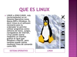  LINUX o (GNU/LINUX, más 
correctamente) es un 
Sistema Operativo como 
Macos,DOS o Windows. Es 
decir Linux es el software 
necesario para tu 
ordenador te permite 
utilizar programas como: 
editores de texto, juegos, 
navegadores de internet, 
Linux puede usarse 
mediante un interfaz 
gráfico al igual que 
Windows o MacOS, pero 
tambien puede usarse 
mediante línea de comando 
como DOS. 
SISTEMA OPERATIVO LINUX 
 