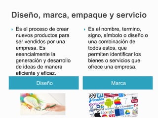 Diseño Marca
 Es el proceso de crear
nuevos productos para
ser vendidos por una
empresa. Es
esencialmente la
generación y desarrollo
de ideas de manera
eficiente y eficaz.
 Es el nombre, termino,
signo, símbolo o diseño o
una combinación de
todos estos, que
permiten identificar los
bienes o servicios que
ofrece una empresa.
 