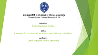 Nombre:
Mailin Sepúlveda Medina
tema:
investigación documental, los datos cuantitativos y cualitativos
profesor:
Carlos Cleobulo Rosario Berihuete
 