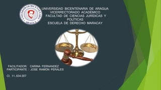 UNIVERSIDAD BICENTENARIA DE ARAGUA
VICERRECTORADO ACADÉMICO
FACULTAD DE CIENCIAS JURÍDICAS Y
POLÍTICAS
ESCUELA DE DERECHO MARACAY
FACILITADOR: CARINA FERNANDEZ
PARTICIPANTE : JOSE RAMÓN PERALES
CI. 11..634.007
 