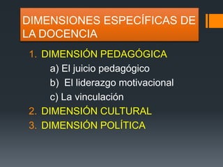 DIMENSIONES ESPECÍFICAS DE 
LA DOCENCIA 
1. DIMENSIÓN PEDAGÓGICA 
a) El juicio pedagógico 
b) El liderazgo motivacional 
c) La vinculación 
2. DIMENSIÓN CULTURAL 
3. DIMENSIÓN POLÍTICA 
 